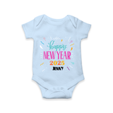 "Happy New Year 2025 - Smiles Forever With Our Customized Romper for Babies With Name" - BABY BLUE - 0 - 3 Months Old (Chest 16")