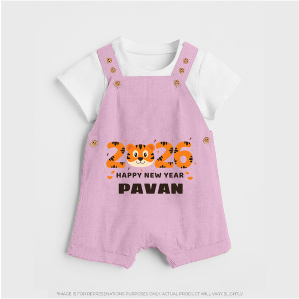 Happy New Year 2026 – Cute Tiger | Personalised Dungaree for Kids - BABY PINK - 0 - 5 Months Old (Chest 18")