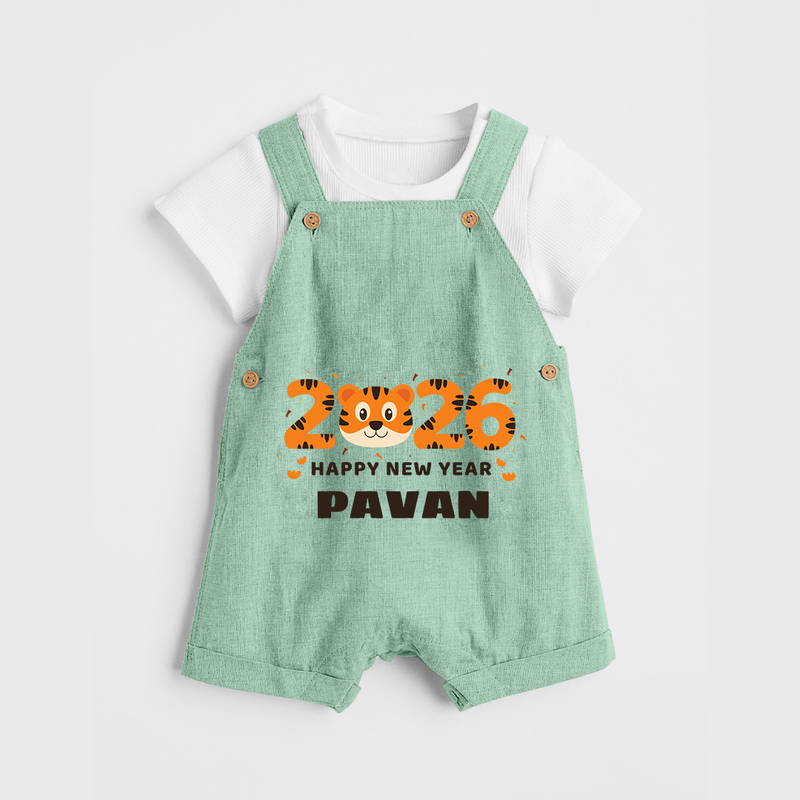 Happy New Year 2026 – Cute Tiger | Personalised Dungaree for Kids - MINT GREEN - 0 - 5 Months Old (Chest 18")