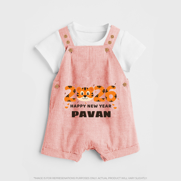 Happy New Year 2026 – Cute Tiger | Personalised Dungaree for Kids - PEACH - 0 - 5 Months Old (Chest 18")
