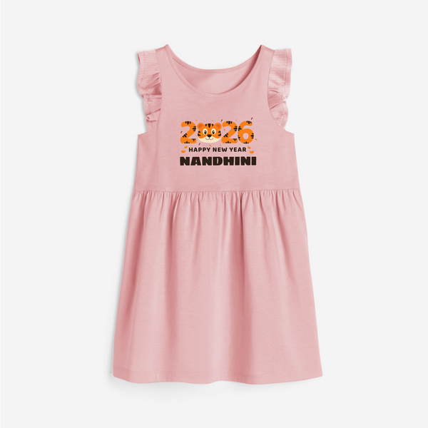 Happy New Year 2026 – Cute Tiger | Personalised Frock for Girls - BABY PINK - 1 - 2 Years Old (Chest 22" , Full Length 22")