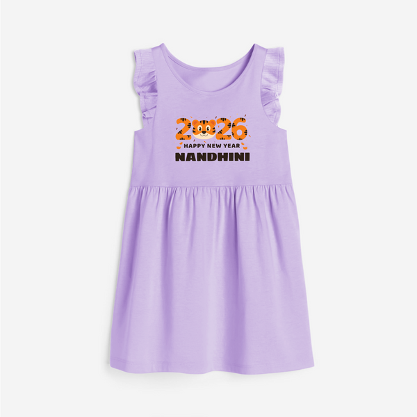 Happy New Year 2026 – Cute Tiger | Personalised Frock for Girls - LILAC - 1 - 2 Years Old (Chest 22" , Full Length 22")