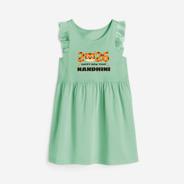 Happy New Year 2026 – Cute Tiger | Personalised Frock for Girls - MINT GREEN - 1 - 2 Years Old (Chest 22" , Full Length 22")