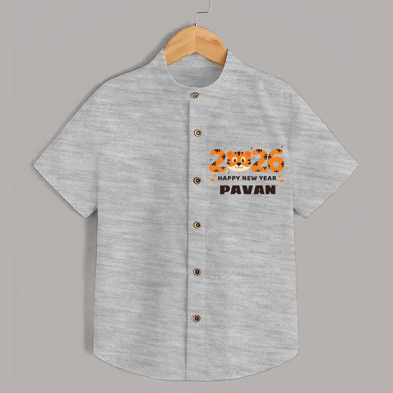 Happy New Year 2026 – Cute Tiger | Personalised Shirt for Kids - GREY - 0 - 6 Months Old (Chest 23")