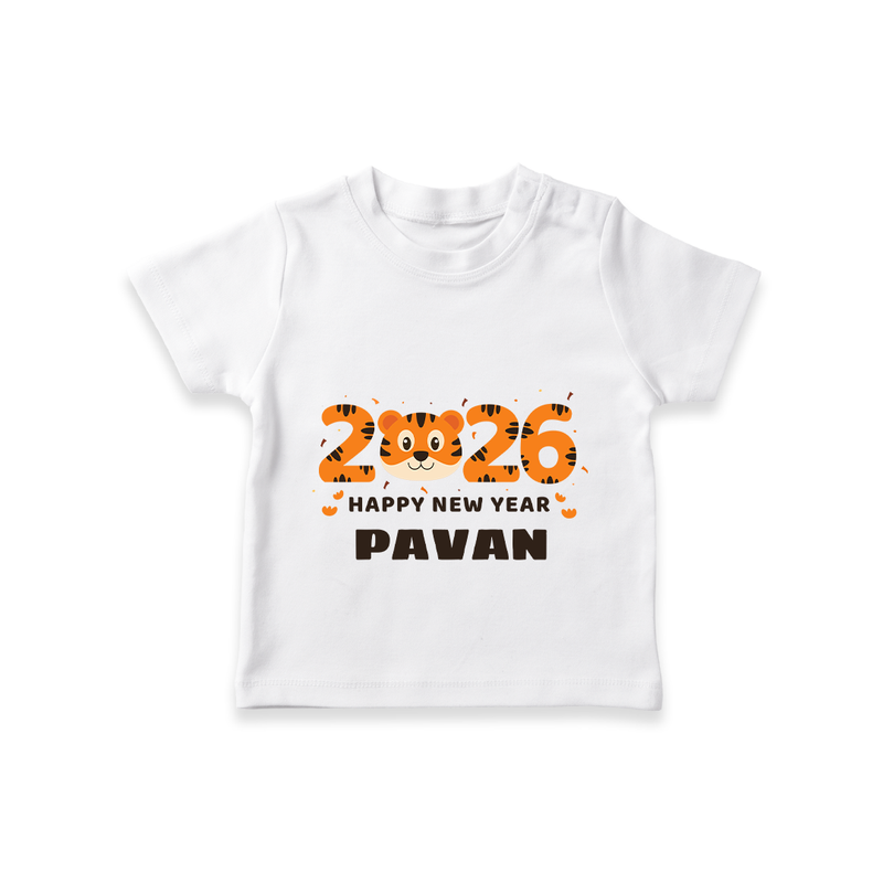 Happy New Year 2026 – Cute Tiger | Personalised T-Shirt for Kids - WHITE - 0-5 Months Old (Chest 17")