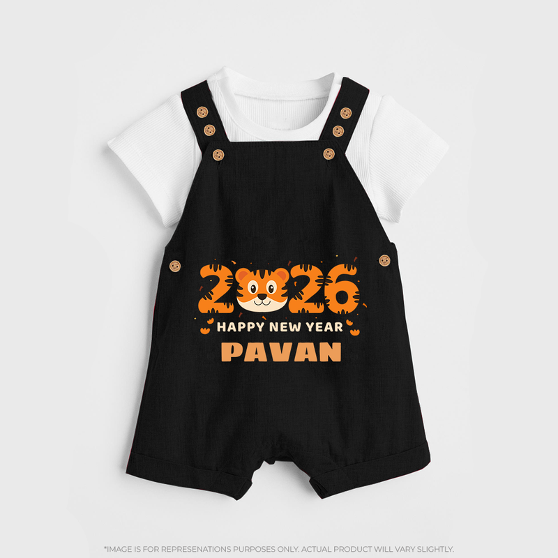 Happy New Year 2026 – Cute Tiger | Personalised Dungaree for Kids - BLACK - 0 - 5 Months Old (Chest 18")