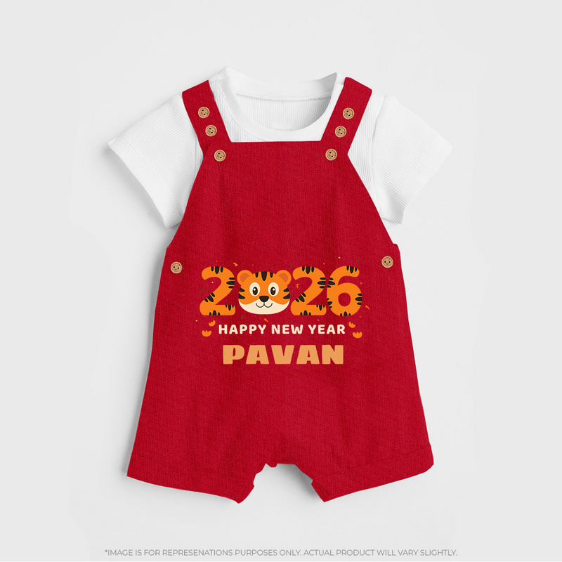 Happy New Year 2026 – Cute Tiger | Personalised Dungaree for Kids - RED - 0 - 5 Months Old (Chest 18")