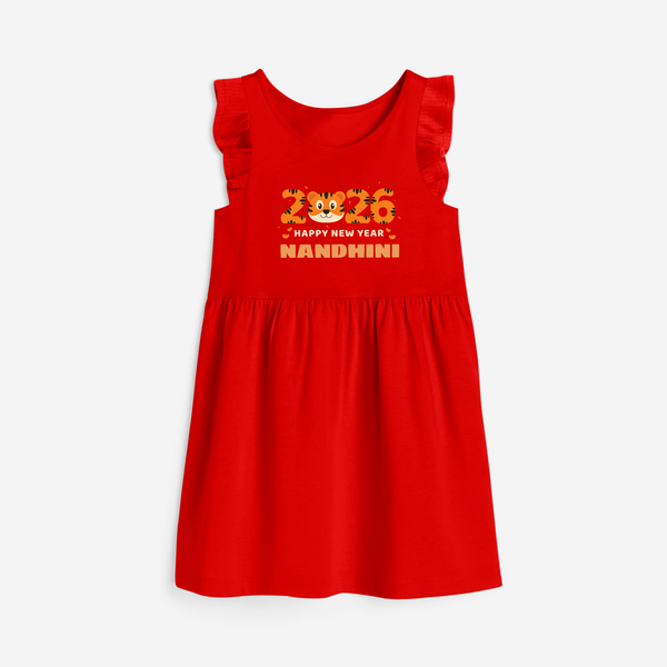 Happy New Year 2026 – Cute Tiger | Personalised Frock for Girls - RED - 1 - 2 Years Old (Chest 22" , Full Length 22")