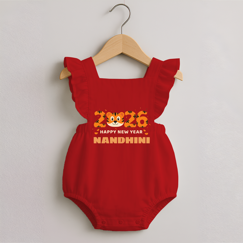 Happy New Year 2026 – Cute Tiger | Personalised Romper Frock for Girls - RED - 0 - 3 Months Old (Chest 19")