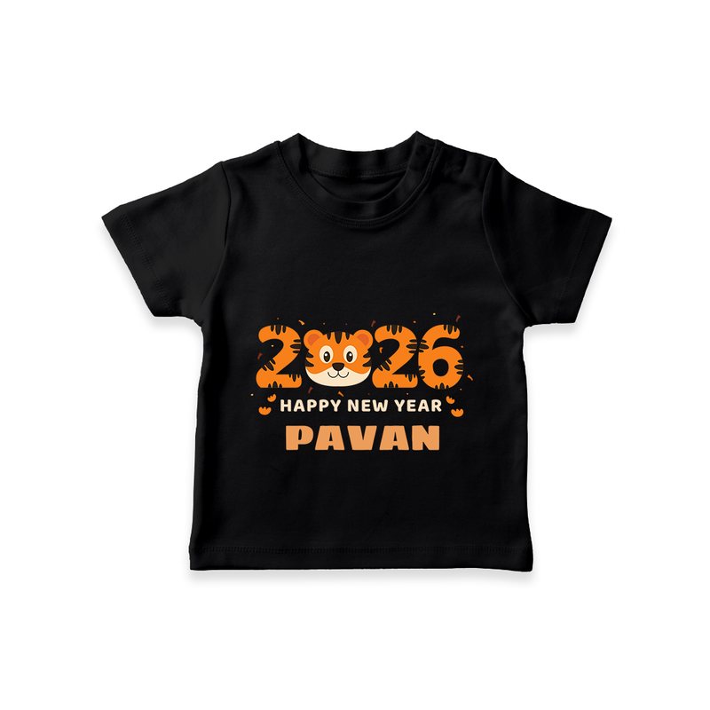 Happy New Year 2026 – Cute Tiger | Personalised T-Shirt for Kids - BLACK - 0-5 Months Old (Chest 17")