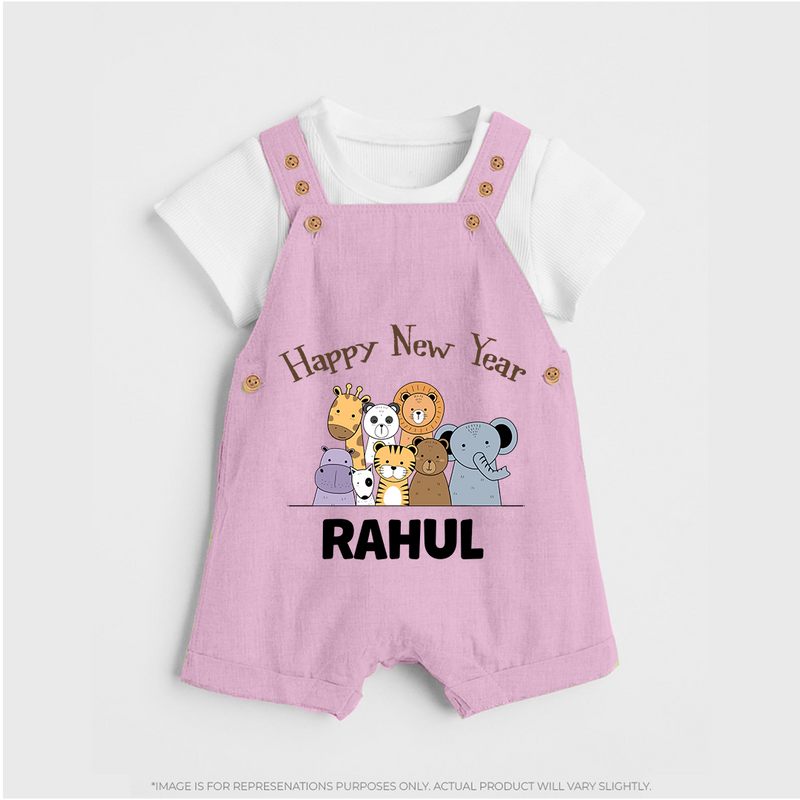 Happy New Year – Jungle Animals| Customized Dungaree for Kids - BABY PINK - 0 - 5 Months Old (Chest 18")