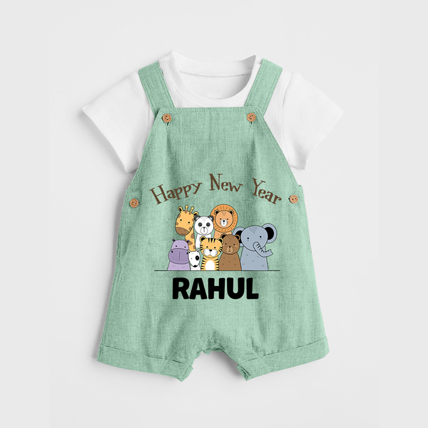 Happy New Year – Jungle Animals| Customized Dungaree for Kids - MINT GREEN - 0 - 5 Months Old (Chest 18")