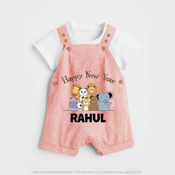 Happy New Year – Jungle Animals| Customized Dungaree for Kids - PEACH - 0 - 5 Months Old (Chest 18")