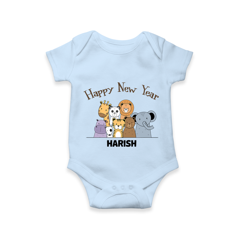 "Happy New Year 2025 - Happy Times With Our Customized Romper for Babies With Name" - BABY BLUE - 0 - 3 Months Old (Chest 16")