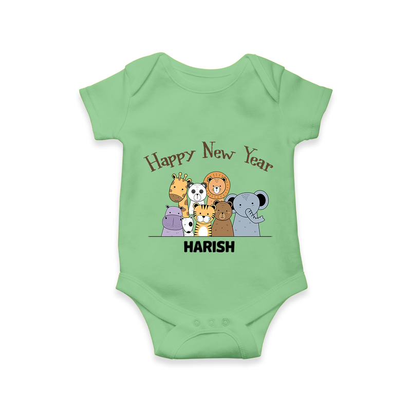 "Happy New Year 2025 - Happy Times With Our Customized Romper for Babies With Name" - GREEN - 0 - 3 Months Old (Chest 16")