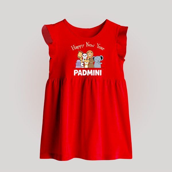 Happy New Year – Jungle Animals| Customized Baby Frock   - RED - 0 - 3 Months Old (Chest 17")