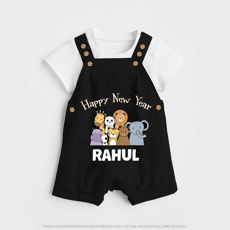 Happy New Year – Jungle Animals| Customized Dungaree for Kids - BLACK - 0 - 5 Months Old (Chest 18")