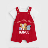 Happy New Year – Jungle Animals| Customized Dungaree for Kids - RED - 0 - 5 Months Old (Chest 18")