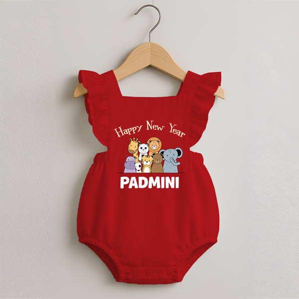 Happy New Year – Jungle Animals| Customized Romper Frock for Girls - RED - 0 - 3 Months Old (Chest 19")
