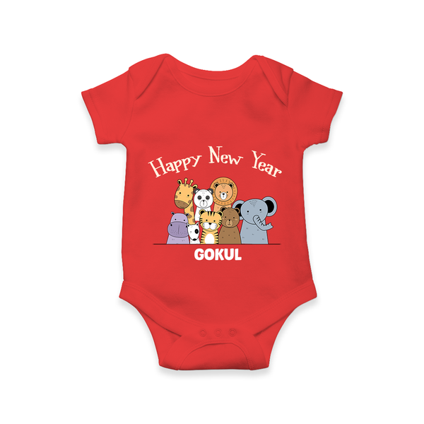 "Happy New Year 2025 - Happy Times With Our Customized Romper for Babies With Name" - RED - 0 - 3 Months Old (Chest 16")