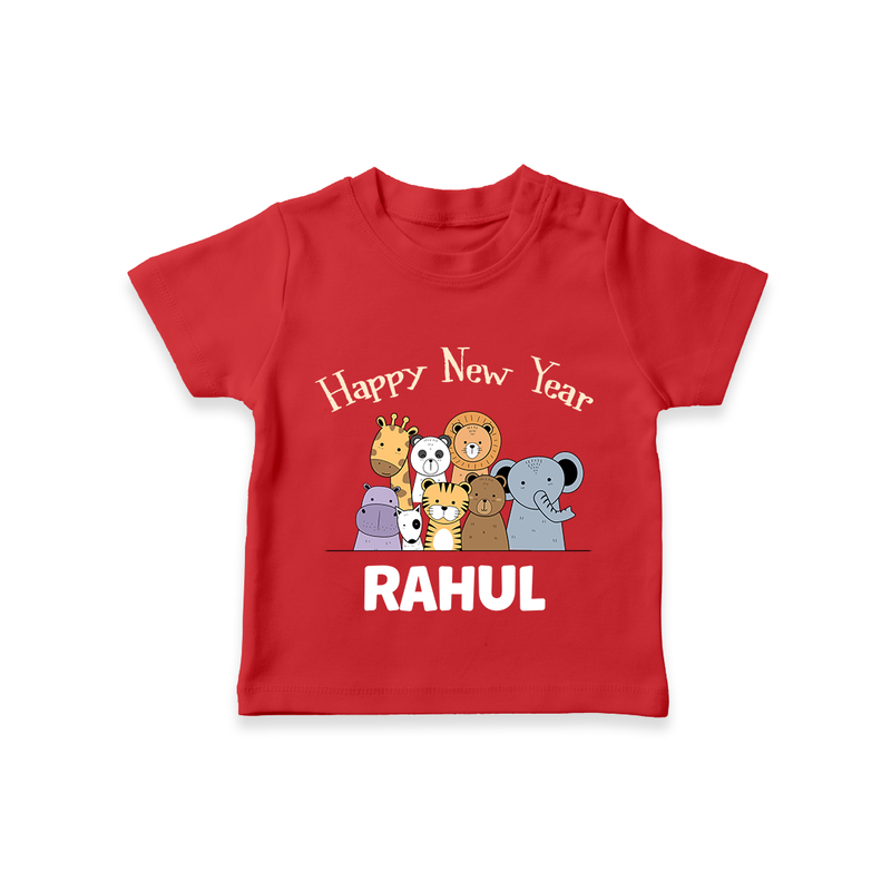 Happy New Year – Jungle Animals| Customized T-Shirt for Kids - RED - 0-5 Months Old (Chest 17")