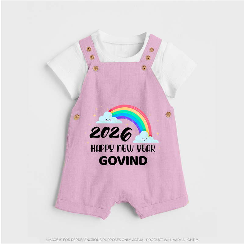 Happy New Year 2026 – Rainbow Cloud | Customized Dungaree for Kids - BABY PINK - 0 - 5 Months Old (Chest 18")