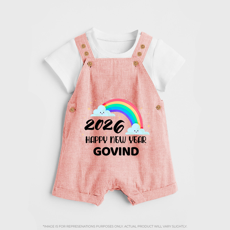 Happy New Year 2026 – Rainbow Cloud | Customized Dungaree for Kids - PEACH - 0 - 5 Months Old (Chest 18")
