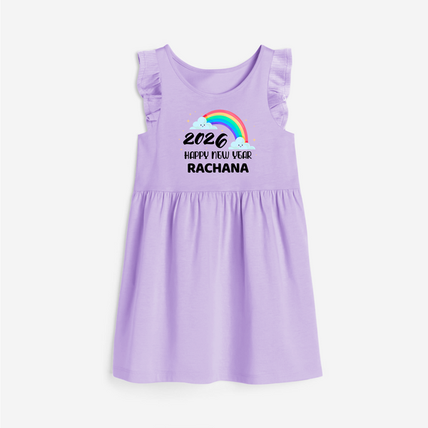 Happy New Year 2026 – Rainbow Cloud | Customized Frock for Girls - LILAC - 1 - 2 Years Old (Chest 22" , Full Length 22")