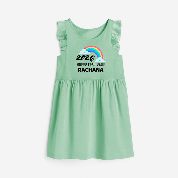 Happy New Year 2026 – Rainbow Cloud | Customized Frock for Girls - MINT GREEN - 1 - 2 Years Old (Chest 22" , Full Length 22")