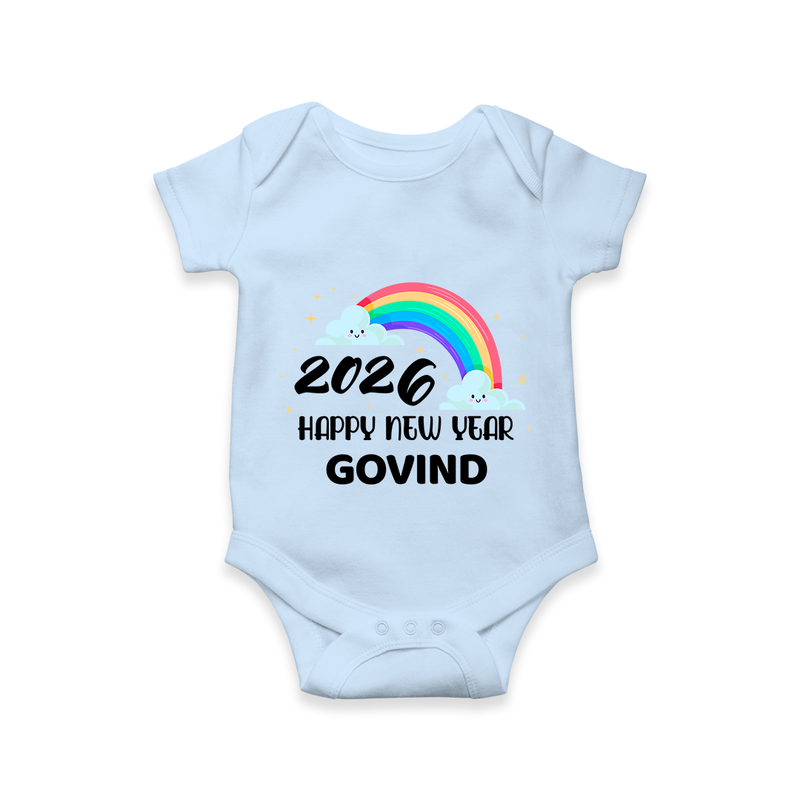 Happy New Year 2026 – Rainbow Cloud | Customized Romper for Kids - BABY BLUE - New Born (Chest 14")
