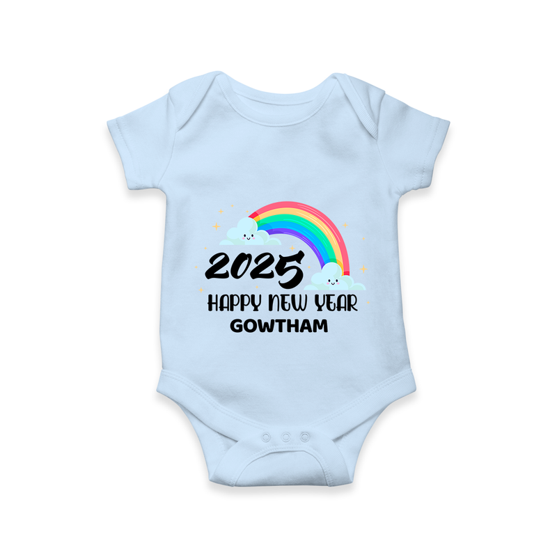 "Happy New Year 2025 - Endless Joy With Our Customized Romper for Babies With Name" - BABY BLUE - 0 - 3 Months Old (Chest 16")