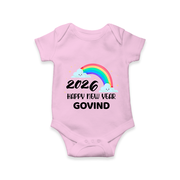 Happy New Year 2026 – Rainbow Cloud | Customized Romper for Kids - BABY PINK - New Born (Chest 14")