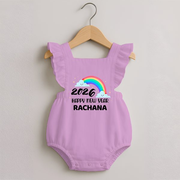 Happy New Year 2026 – Rainbow Cloud | Customized Romper Frock for Girls - BABY PINK - 0 - 3 Months Old (Chest 19")
