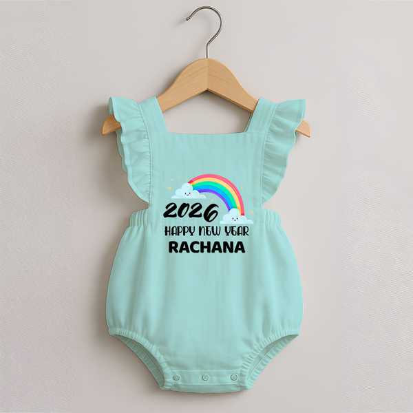 Happy New Year 2026 – Rainbow Cloud | Customized Romper Frock for Girls - MINT GREEN - 0 - 3 Months Old (Chest 19")