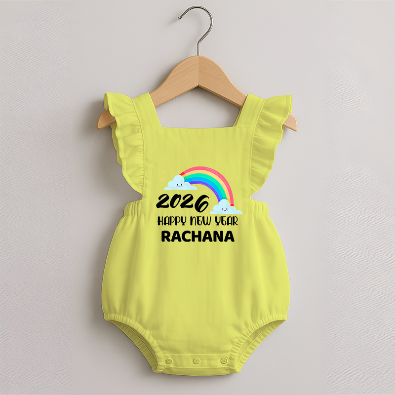 Happy New Year 2026 – Rainbow Cloud | Customized Romper Frock for Girls - PASTEL YELLOW - 0 - 3 Months Old (Chest 19")