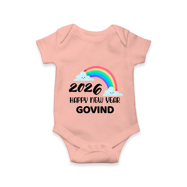 Happy New Year 2026 – Rainbow Cloud | Customized Romper for Kids - PEACH - New Born (Chest 14")