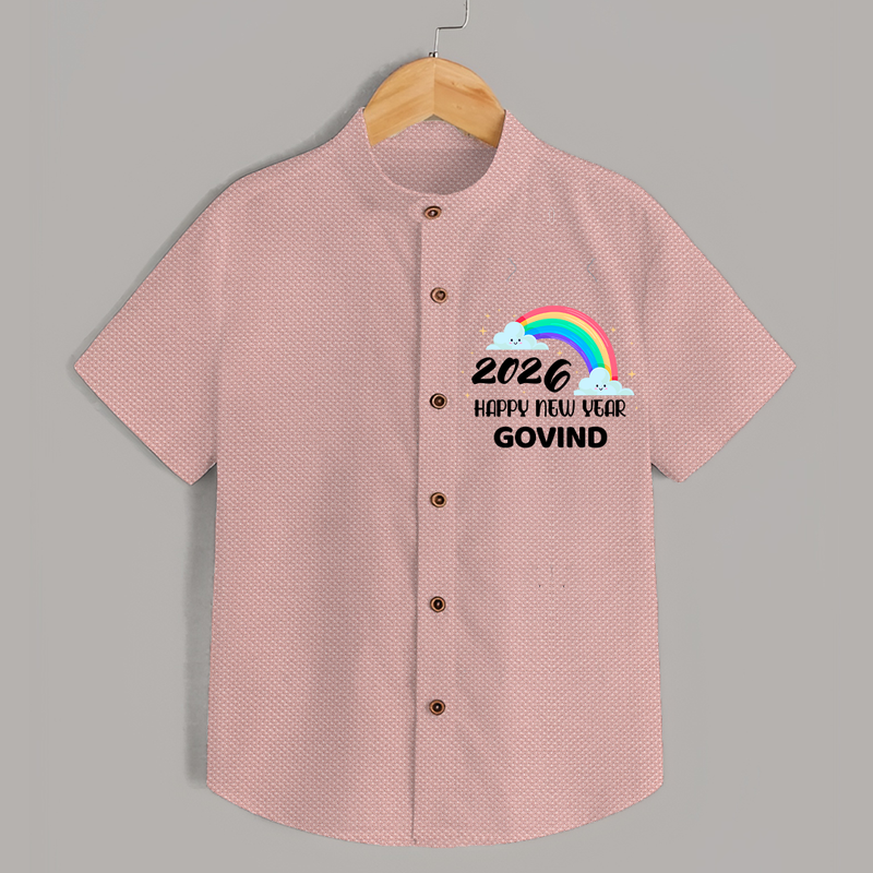 Happy New Year 2026 – Rainbow Cloud | Customized Shirt for Kids - PEACH - 0 - 6 Months Old (Chest 23")