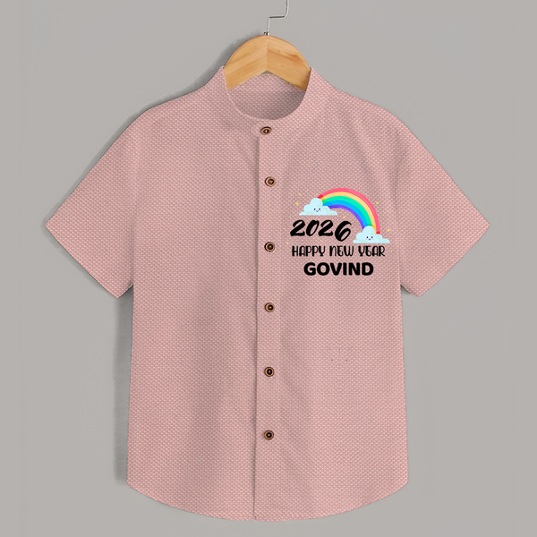Happy New Year 2026 – Rainbow Cloud | Customized Shirt for Kids - PEACH - 0 - 6 Months Old (Chest 23")