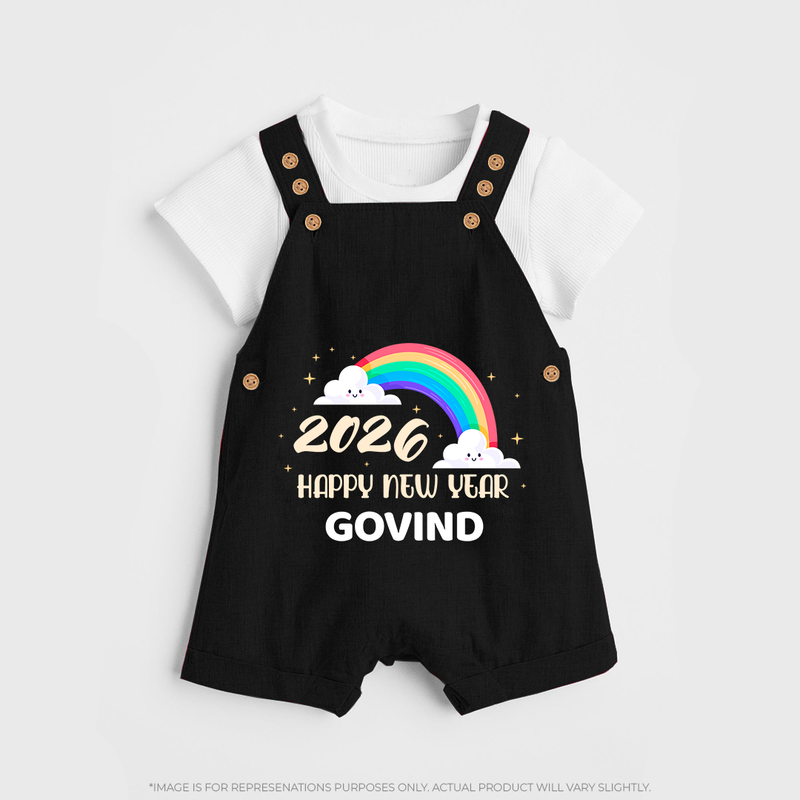 Happy New Year 2026 – Rainbow Cloud | Customized Dungaree for Kids - BLACK - 0 - 5 Months Old (Chest 18")