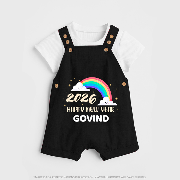 Happy New Year 2026 – Rainbow Cloud | Customized Dungaree for Kids - BLACK - 0 - 5 Months Old (Chest 18")