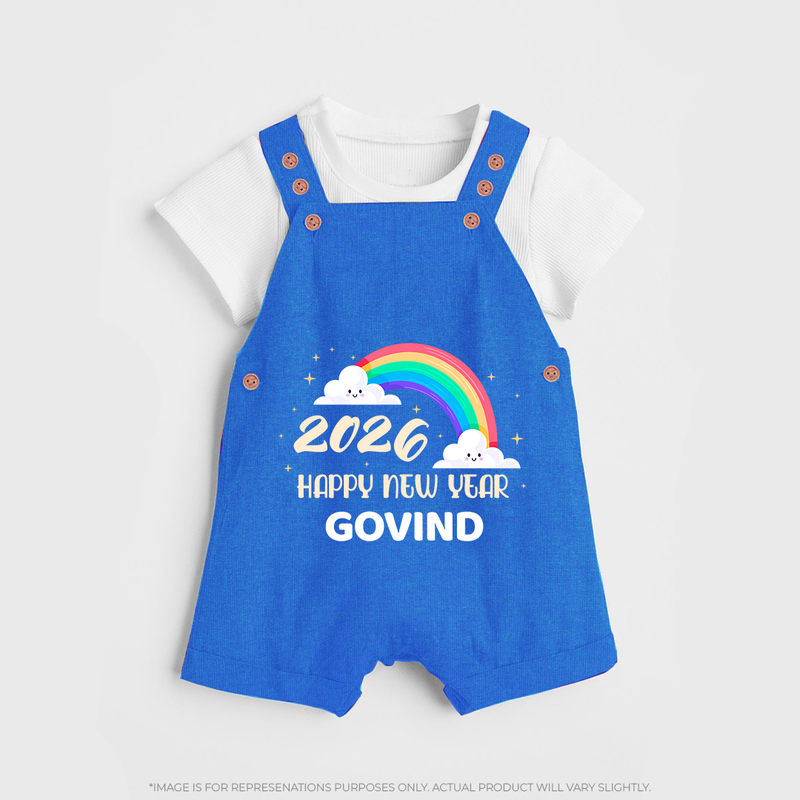 Happy New Year 2026 – Rainbow Cloud | Customized Dungaree for Kids - COBALT BLUE - 0 - 5 Months Old (Chest 18")