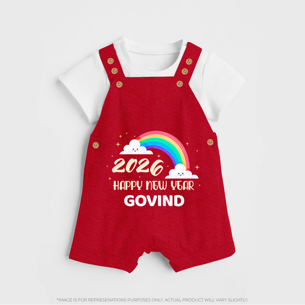 Happy New Year 2026 – Rainbow Cloud | Customized Dungaree for Kids - RED - 0 - 5 Months Old (Chest 18")