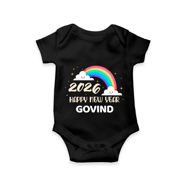 Happy New Year 2026 – Rainbow Cloud | Customized Romper for Kids - BLACK - New Born (Chest 14")