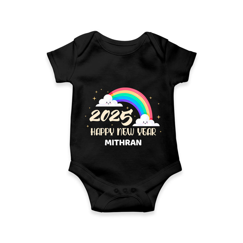 "Happy New Year 2025 - Endless Joy With Our Customized Romper for Babies With Name" - BLACK - 0 - 3 Months Old (Chest 16")