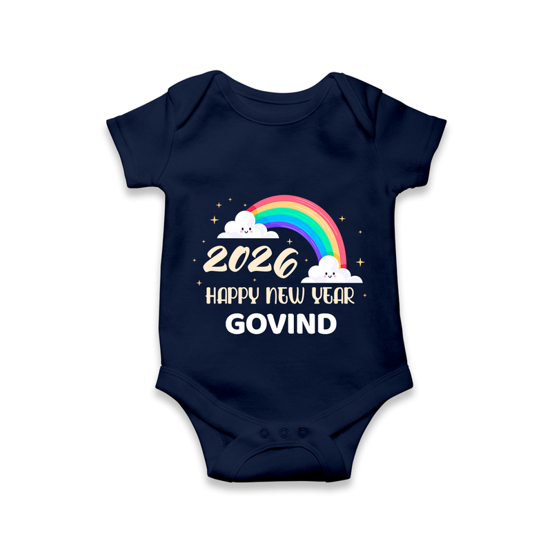 Happy New Year 2026 – Rainbow Cloud | Customized Romper for Kids - NAVY BLUE - New Born (Chest 14")