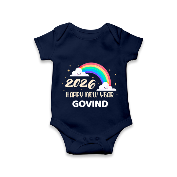 Happy New Year 2026 – Rainbow Cloud | Customized Romper for Kids - NAVY BLUE - New Born (Chest 14")