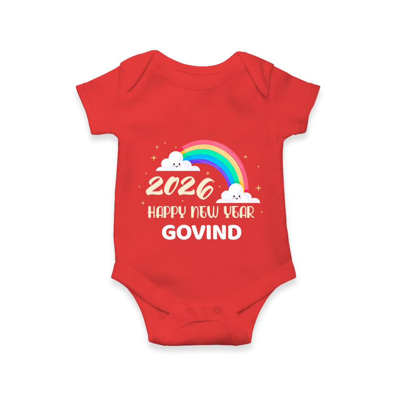 Happy New Year 2026 – Rainbow Cloud | Customized Romper for Kids - RED - New Born (Chest 14")