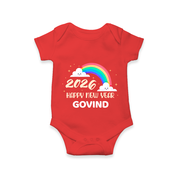Happy New Year 2026 – Rainbow Cloud | Customized Romper for Kids - RED - New Born (Chest 14")