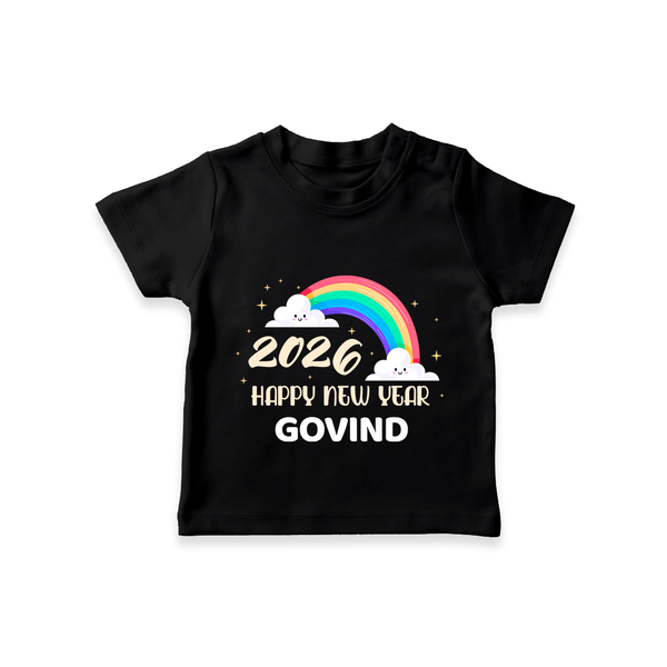 Happy New Year 2026 – Rainbow Cloud | Customized T-Shirt for Kids - BLACK - 0-5 Months Old (Chest 17")