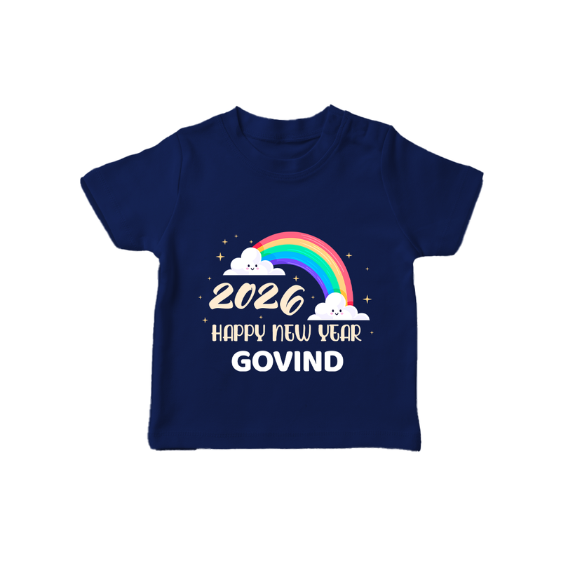 Happy New Year 2026 – Rainbow Cloud | Customized T-Shirt for Kids - NAVY BLUE - 0-5 Months Old (Chest 17")